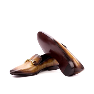 Ambrogio 3510 Bespoke Custom Men's Shoes Cognac Patina Leather Slip-on Drake Horsebit Loafers (AMB1390)-AmbrogioShoes