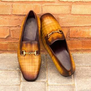 Ambrogio 3510 Bespoke Custom Men's Shoes Cognac Patina Leather Slip-on Drake Horsebit Loafers (AMB1390)-AmbrogioShoes