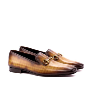 Ambrogio 3510 Bespoke Custom Men's Shoes Cognac Patina Leather Slip-on Drake Horsebit Loafers (AMB1390)-AmbrogioShoes