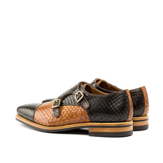 Ambrogio 3504 Bespoke Custom Men's Shoes Dark Brown & Cognac Exotic Snake-Skin Monk-Straps Loafers (AMB1366)-AmbrogioShoes