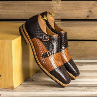 Ambrogio 3504 Bespoke Custom Men's Shoes Dark Brown & Cognac Exotic Snake-Skin Monk-Straps Loafers (AMB1366)-AmbrogioShoes