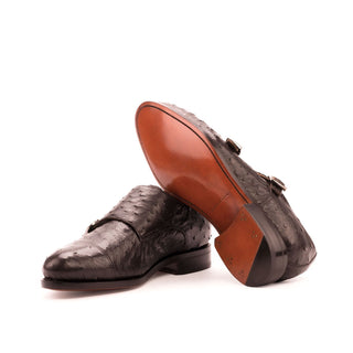 Ambrogio 3551 Bespoke Custom Men's Shoes Dark Brown Exotic Ostrich Monk-Straps Loafers (AMB1434)-AmbrogioShoes