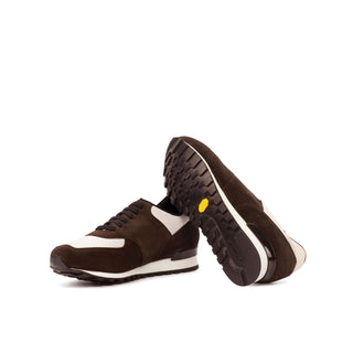 Ambrogio 4520 Bespoke Custom Men's Shoes Dark Brown & White Suede Leather Jogger Sneakers (AMB1851)-AmbrogioShoes