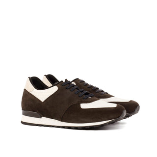 Ambrogio 4520 Bespoke Custom Men's Shoes Dark Brown & White Suede Leather Jogger Sneakers (AMB1851)-AmbrogioShoes