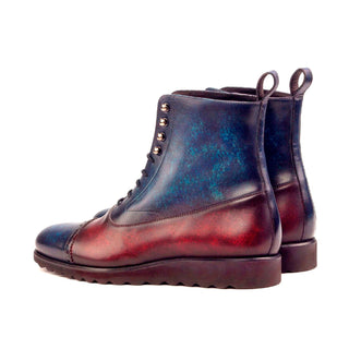 Ambrogio 2564 Bespoke Custom Men's Shoes Denim Blue & Burgundy Patina Leather Balmoral Boots (AMB1379)-AmbrogioShoes