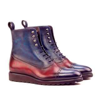 Ambrogio 2564 Bespoke Custom Men's Shoes Denim Blue & Burgundy Patina Leather Balmoral Boots (AMB1379)-AmbrogioShoes