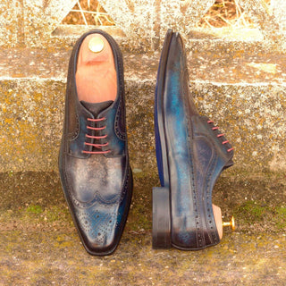 Ambrogio 2612 Bespoke Custom Men's Shoes Denim Blue & Gray Patina Leather Longwing Blucher Oxfords (AMB1391)-AmbrogioShoes