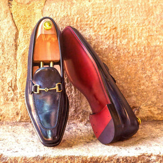 Ambrogio 2967 Bespoke Custom Men's Shoes Denim Blue Patina Leather Horsebit Loafers (AMB1408)-AmbrogioShoes