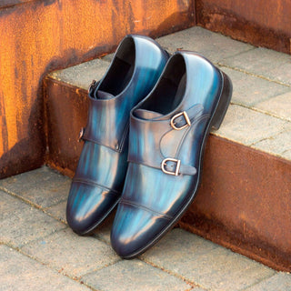 Ambrogio 2576 Bespoke Custom Men's Shoes Denim Blue Patina Leather Monk-Strap Loafers (AMB1425)-AmbrogioShoes