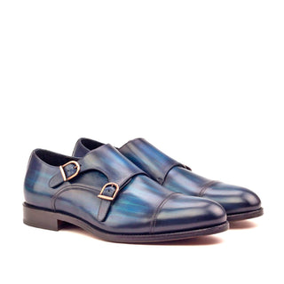 Ambrogio 2576 Bespoke Custom Men's Shoes Denim Blue Patina Leather Monk-Strap Loafers (AMB1425)-AmbrogioShoes