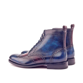 Ambrogio 3024 Bespoke Custom Men's Shoes Denim & Burgundy Patina Leather Military Brogue Boots (AMB1528)-AmbrogioShoes