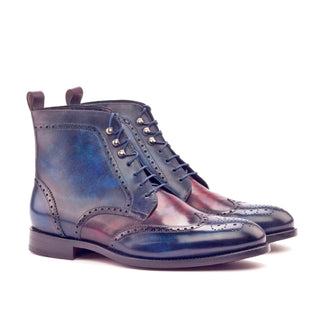 Ambrogio 3024 Bespoke Custom Men's Shoes Denim & Burgundy Patina Leather Military Brogue Boots (AMB1528)-AmbrogioShoes