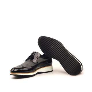 Ambrogio 2416 Bespoke Custom Men's Shoes Gray & Black Fabric / Patent Leather Longwing Oxfords (AMB1537)-AmbrogioShoes