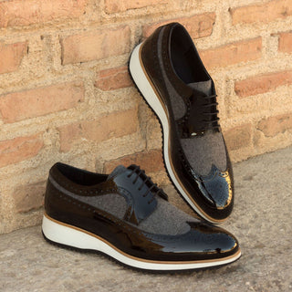 Ambrogio 2416 Bespoke Custom Men's Shoes Gray & Black Fabric / Patent Leather Longwing Oxfords (AMB1537)-AmbrogioShoes