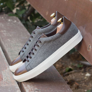 Ambrogio 3361 Bespoke Custom Men's Shoes Gray & Brown Fabric / Calf-Skin Leather Sneakers (AMB1756)-AmbrogioShoes