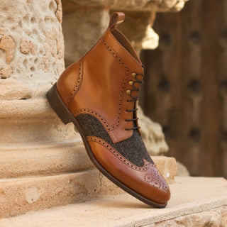 Ambrogio 2971 Bespoke Custom Men's Shoes Gray & Cognac Fabric/ Polished Calf-Skin Leather Military Brogue Boots (AMB1531)-AmbrogioShoes