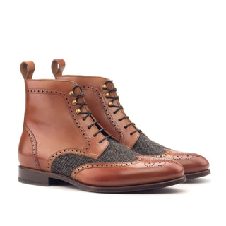 Ambrogio 2971 Bespoke Custom Men's Shoes Gray & Cognac Fabric/ Polished Calf-Skin Leather Military Brogue Boots (AMB1531)-AmbrogioShoes