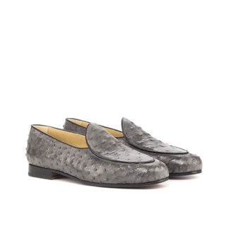 Ambrogio 4616 Bespoke Custom Men's Shoes Gray Exotic Ostrich / Calf-Skin Leather Belgian Loafers (AMB1815)-AmbrogioShoes