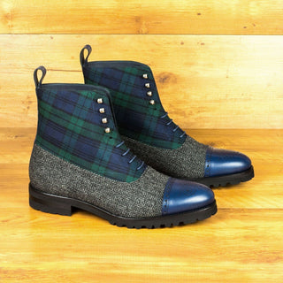 Ambrogio 4566 Bespoke Custom Men's Shoes Green, Black & Navy Fabric / Calf-Skin Leather Balmoral Boots (AMB1840)-AmbrogioShoes