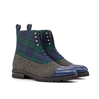 Ambrogio 4566 Bespoke Custom Men's Shoes Green, Black & Navy Fabric / Calf-Skin Leather Balmoral Boots (AMB1840)-AmbrogioShoes