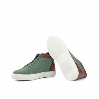 Ambrogio 4312 Bespoke Custom Men's Shoes Green & Brown Exotic Ostrich / Linen High-Top Sneakers (AMB1788)-AmbrogioShoes