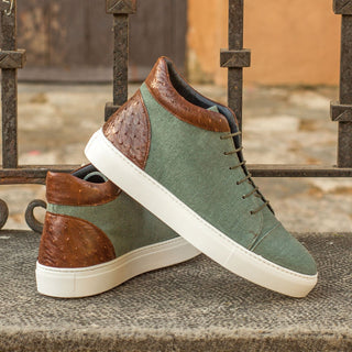 Ambrogio 4312 Bespoke Custom Men's Shoes Green & Brown Exotic Ostrich / Linen High-Top Sneakers (AMB1788)-AmbrogioShoes