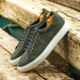 Ambrogio 4224 Bespoke Custom Men's Shoes Green Camo Flannel Sartorial / Calf-Skin Leather Casual Sneakers (AMB1359)-AmbrogioShoes
