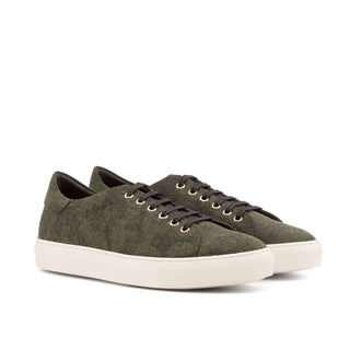 Ambrogio 4224 Bespoke Custom Men's Shoes Green Camo Flannel Sartorial / Calf-Skin Leather Casual Sneakers (AMB1359)-AmbrogioShoes