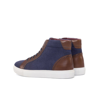 Ambrogio 4584 Bespoke Custom Men's Shoes Navy & Brown Linen Fabric / Calf-Skin Leather High-Top Sneakers (AMB1835)-AmbrogioShoes