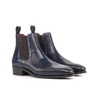 Ambrogio 4595 Bespoke Custom Men's Shoes Navy Exotic Snake-Skin / Crocodile Print Leather Chealsea Boots (AMB1761)-AmbrogioShoes