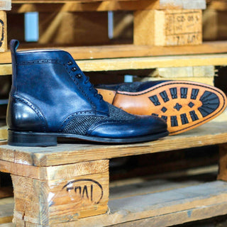 Ambrogio 1787 Bespoke Custom Men's Shoes Navy & Gray Fabric / Calf-Skin Leather Military Brogue Boots (AMB1522)-AmbrogioShoes