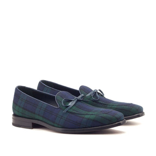 Ambrogio 2957 Bespoke Custom Men's Shoes Navy & Green Blackwatch Sartorial / Calf-Skin Leather Dress Loafers (AMB1358)-AmbrogioShoes