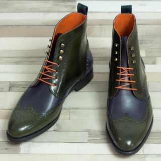 Ambrogio 1970 Bespoke Custom Men's Shoes Navy & Green Fabric / Polished / Calf-Skin Leather Military Brogue Boots (AMB1520)-AmbrogioShoes