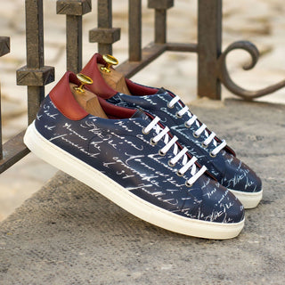 Ambrogio 4509 Bespoke Custom Men's Shoes Navy & Red Calf-Skin Leather Trainer Stencil Sneakers (AMB1704)-AmbrogioShoes