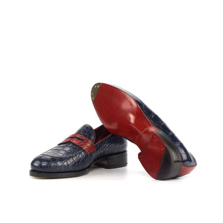 Ambrogio 4622 Bespoke Custom Men's Shoes Navy & Red Exotic Alligator Penny Loafers (AMB1819)-AmbrogioShoes