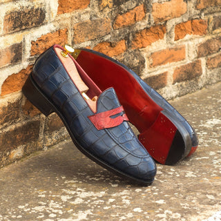 Ambrogio 4622 Bespoke Custom Men's Shoes Navy & Red Exotic Alligator Penny Loafers (AMB1819)-AmbrogioShoes