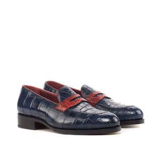 Ambrogio 4622 Bespoke Custom Men's Shoes Navy & Red Exotic Alligator Penny Loafers (AMB1819)-AmbrogioShoes