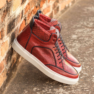 Ambrogio 4536 Bespoke Custom Men's Shoes Navy & Red Exotic Snake-Skin / Calf-Skin Leather High-Top Sneakers (AMB1789)-AmbrogioShoes
