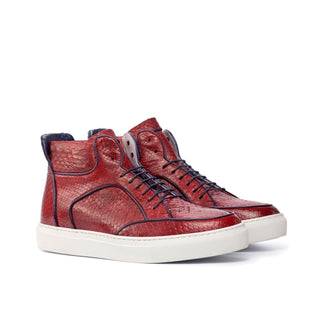 Ambrogio 4536 Bespoke Custom Men's Shoes Navy & Red Exotic Snake-Skin / Calf-Skin Leather High-Top Sneakers (AMB1789)-AmbrogioShoes