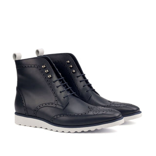 Ambrogio 2607 Bespoke Custom Men's Shoes Navy & White Calf-Skin Leather Military Brogue Boots (AMB1417)-AmbrogioShoes