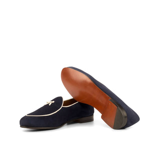 Ambrogio 4284 Bespoke Custom Men's Shoes Navy & White Suede Leather Belgian Loafers (AMB1766)-AmbrogioShoes