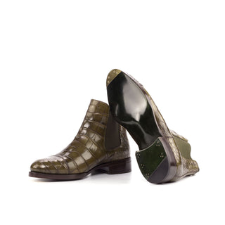 Ambrogio 4624 Bespoke Custom Men's Shoes Olive Exotic Alligator Chelsea Boots (AMB1821)-AmbrogioShoes