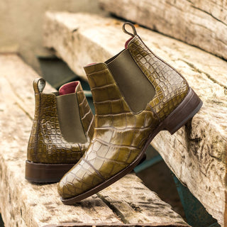 Ambrogio 4624 Bespoke Custom Men's Shoes Olive Exotic Alligator Chelsea Boots (AMB1821)-AmbrogioShoes