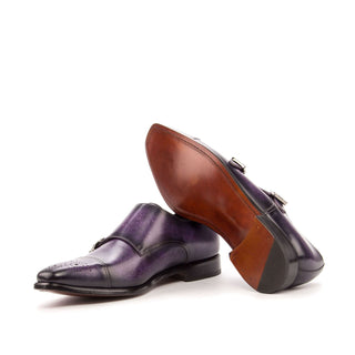 Ambrogio 3434 Bespoke Custom Men's Shoes Purple Patina Leather Monk-Straps Loafers (AMB1407)-AmbrogioShoes