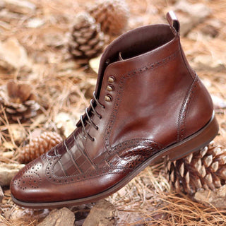 Ambrogio 1924 Bespoke Custom Men's Shoes Two-Tone Brown Crocodile Print / Calf-Skin Leather Military Brogue Boots (AMB1524)-AmbrogioShoes