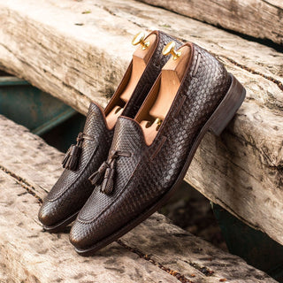 Ambrogio 3932 Bespoke Custom Men's Shoes Two-Tone Brown Exotic Snake-Skin / Pebble Grain / Calf-Skin Leather Tassel Loafers (AMB1799)-AmbrogioShoes