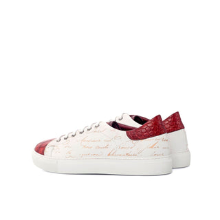 Ambrogio 4557 Bespoke Custom Men's Shoes White, Burgundy & Red Crocodile Print/ Pebble Grain / Calf-Skin Leather Sneakers (AMB1837)-AmbrogioShoes