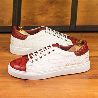 Ambrogio 4557 Bespoke Custom Men's Shoes White, Burgundy & Red Crocodile Print/ Pebble Grain / Calf-Skin Leather Sneakers (AMB1837)-AmbrogioShoes