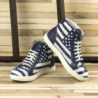 Ambrogio 4458 Bespoke Custom Men's Shoes White & Navy Stencil Calf-Skin Leather High-Top Sneakers (AMB1732)-AmbrogioShoes