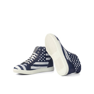 Ambrogio 4458 Bespoke Custom Men's Shoes White & Navy Stencil Calf-Skin Leather High-Top Sneakers (AMB1732)-AmbrogioShoes